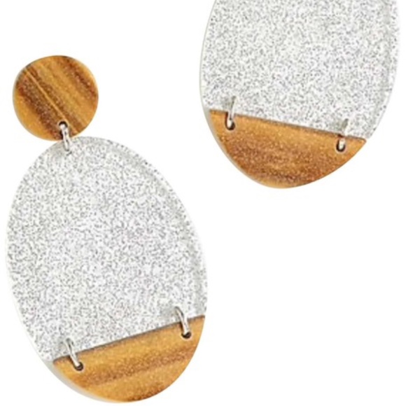 New J. Crew Lucite Statement Earrings Silver Glitter Woodgrain Oval - Picture 3 of 4